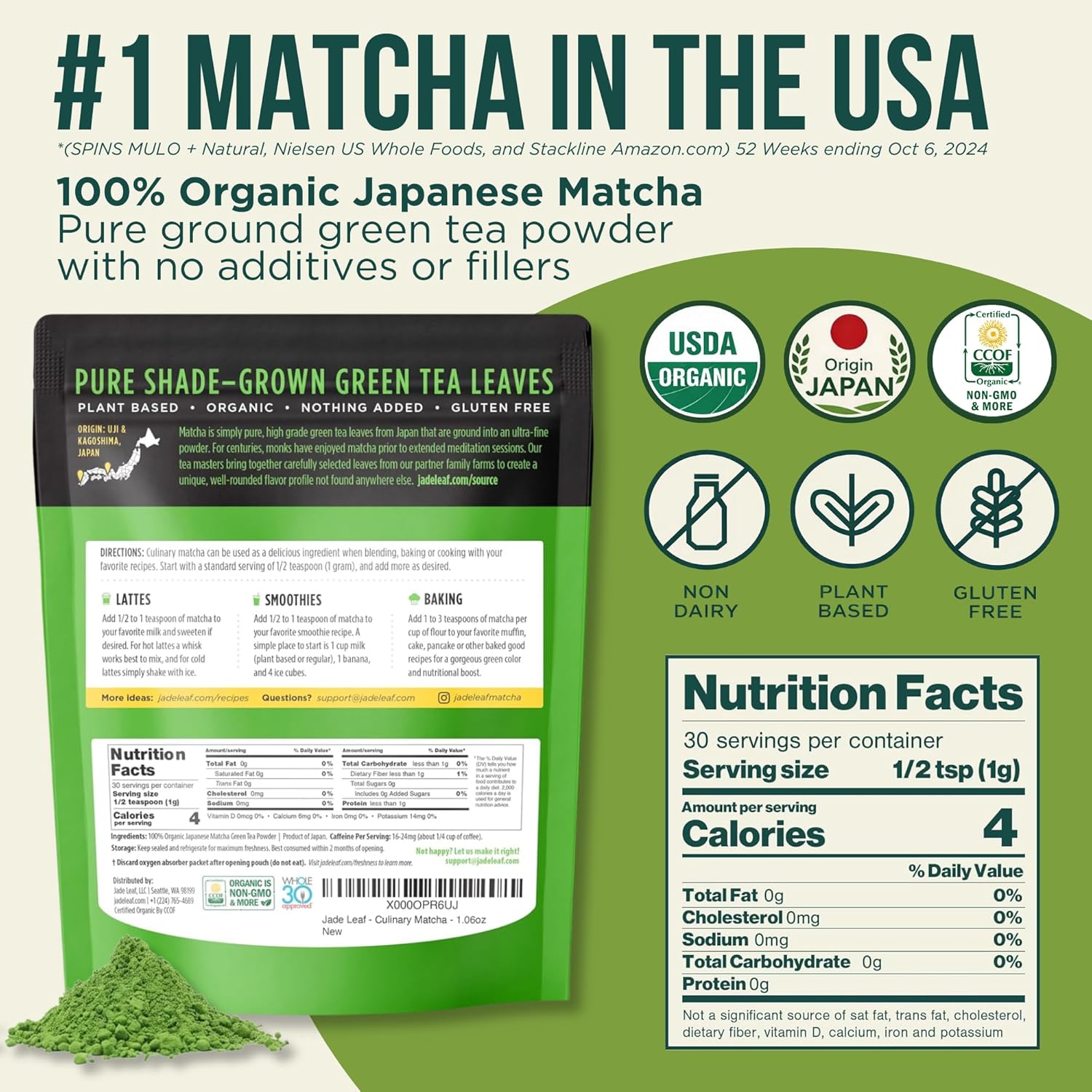 Jade Leaf Matcha Organic Culinary Grade Matcha Powder - Japanese Green tea for Baking, Smoothies, Lattes, and Skin Care, 30g / 1.06 Ounce (Pack of 1)