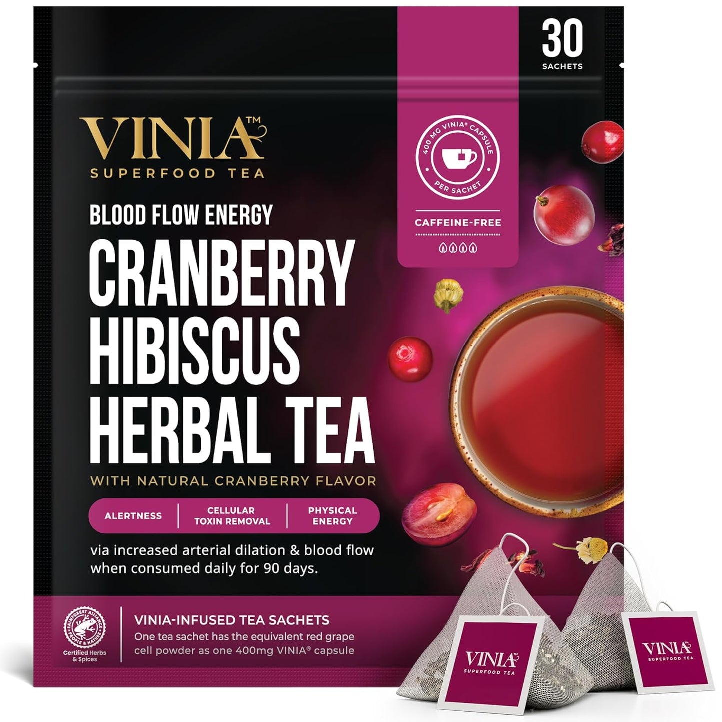 VINIA Blood Flow | Cranberry Hibiscus Herbal Tea, Piceid Resveratrol, 30 Ct