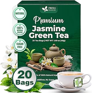 FreshDrinkUS, Premium 20 Tea Bags of Jasmine Green Tea, 100% Natural. Exquisite Flavor, Handpicked Leaves, Perfect for Tea Lovers. No Sugar, No Gluten, Vegan.