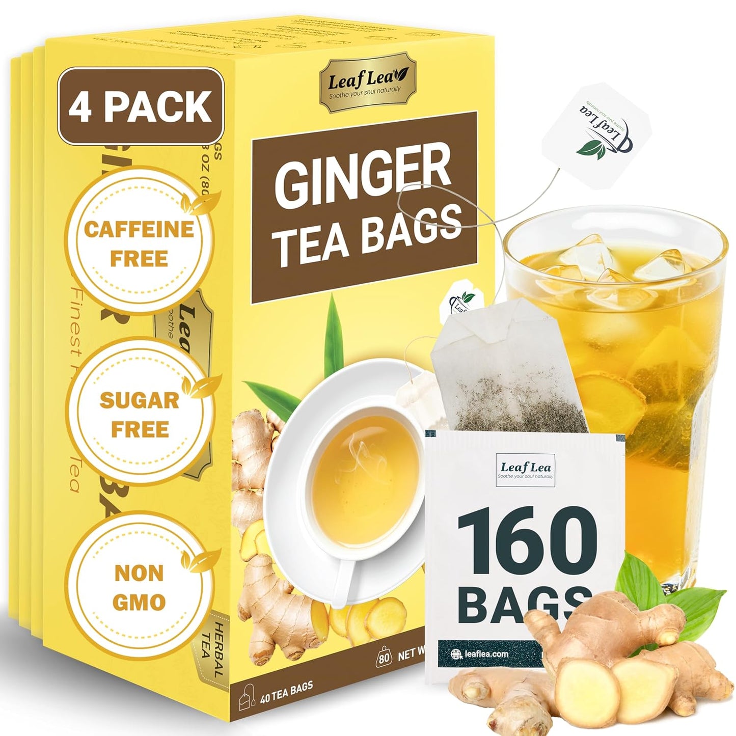 LeafLea Ginger Tea Bags, Strong Ginger Herbal Tea, 160 Count Bulk | Spicy Single-Ingredient Brew, Individually Foil-Wrapped, Best-Value Stock-Up, Supports Digestion, Caffeine-Free