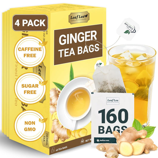 LeafLea Ginger Tea Bags, Strong Ginger Herbal Tea, 160 Count Bulk | Spicy Single-Ingredient Brew, Individually Foil-Wrapped, Best-Value Stock-Up, Supports Digestion, Caffeine-Free