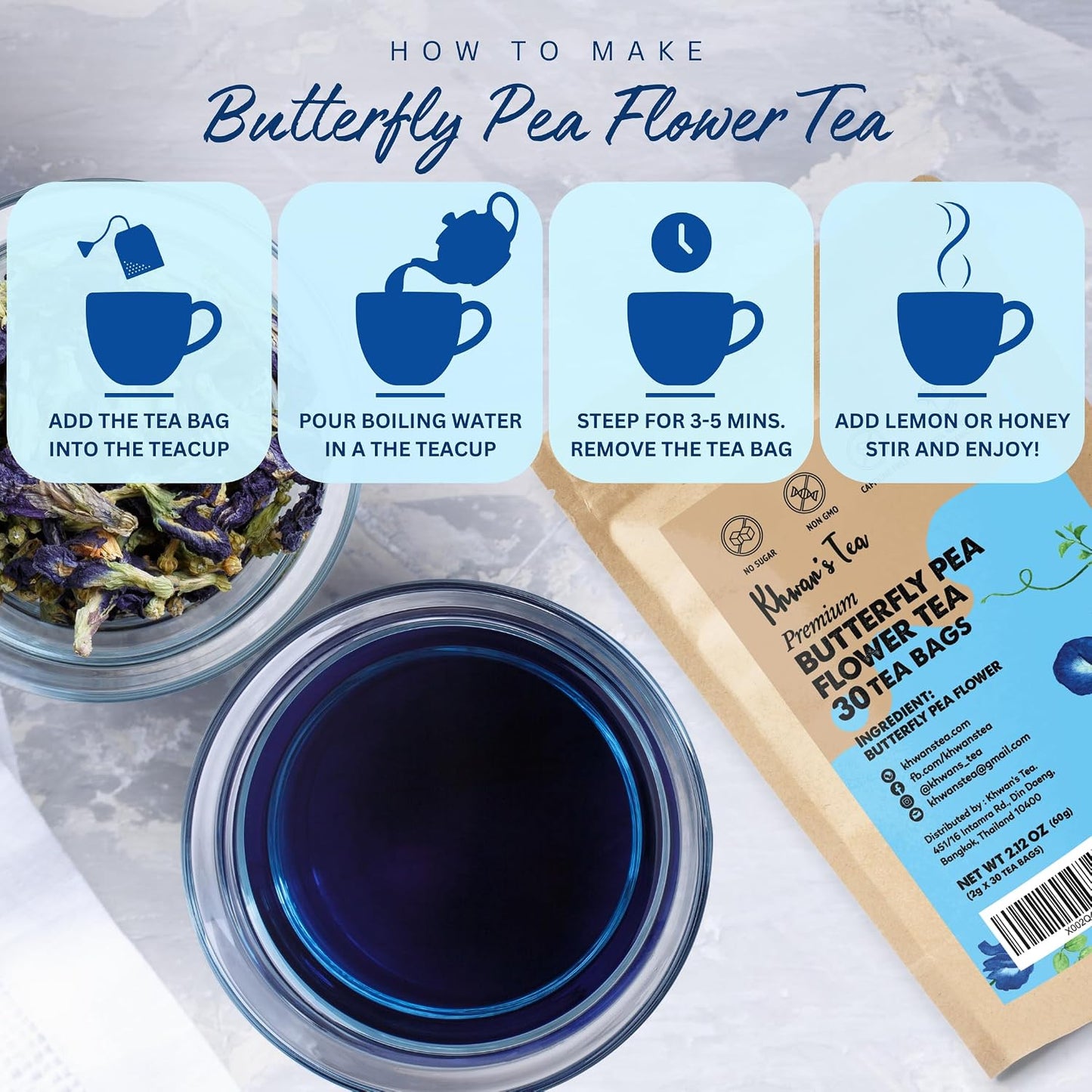 KHWAN'S TEA Organic Butterfly Pea Flower Tea Bags, 30 Count | USDA Organic butterfly pea flower, color-changing blue tea for mocktails, cocktails &amp; latte art, caffeine-free, 30 ct