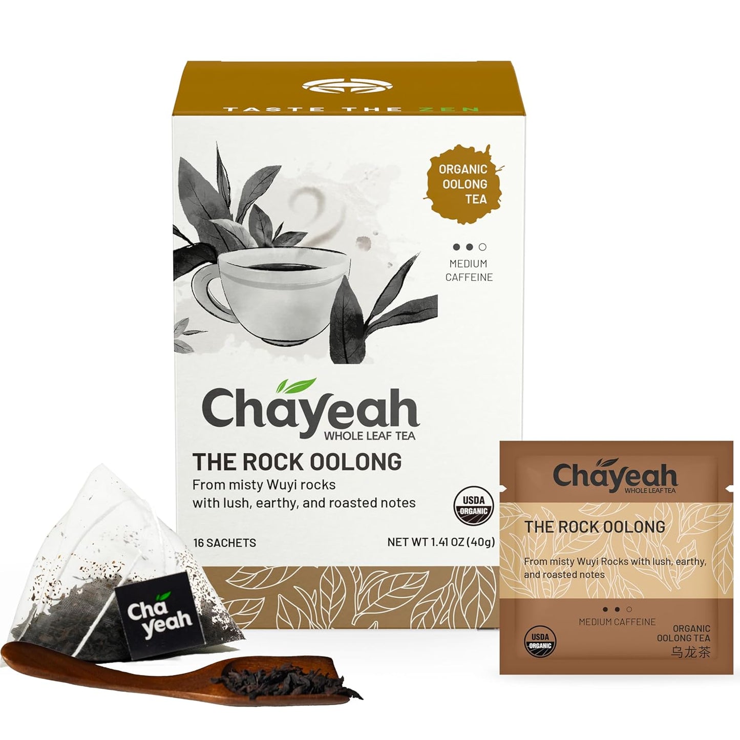 CHAYEAH, The Rock Oolong, Authentic Wuyi Rock Oolong Tea from Fujian, Whole Leaf Tea Bag, USDA Organic, Caffeinated (16 Pyramid Tea Sachets)