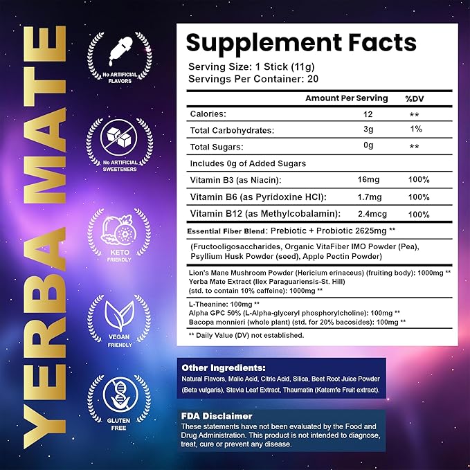 Yerba Mate Sticks Tea Powder - Strawberry Kiwi Single Serve Sticks - Instant Tea Powder On The Go - Nootropic, Prebiotic & Probiotic Mix with Vitamin B3, B6 & B12 - Sugar-Free - 20 Servings