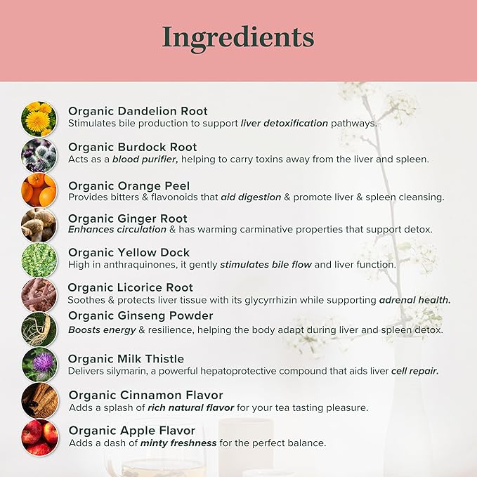 Jade Tea - Organic Liver & Spleen Herbal Tea - Organic Dandelion Root Tea, Burdock Root, Ginger Root & Orange Peel - Apple Cinnamon Flavor