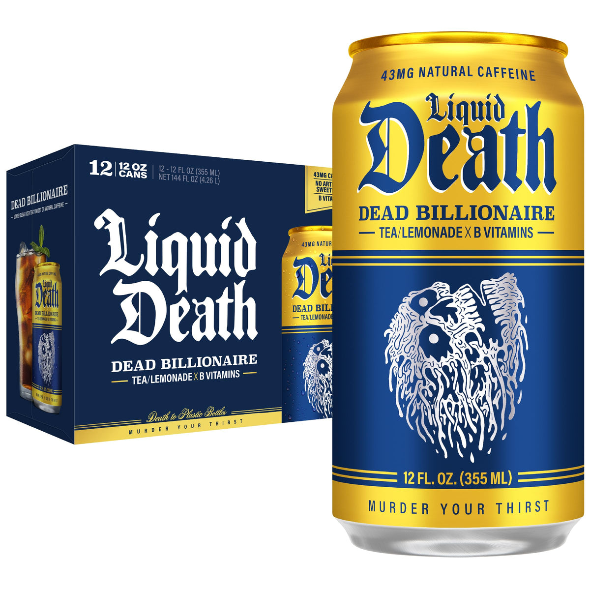 Liquid Death Iced Tea - Dead Billionaire (Black Tea/Lemonade), Less Sugar*, Boost of Caffeine, B Vitamins, No Artificial