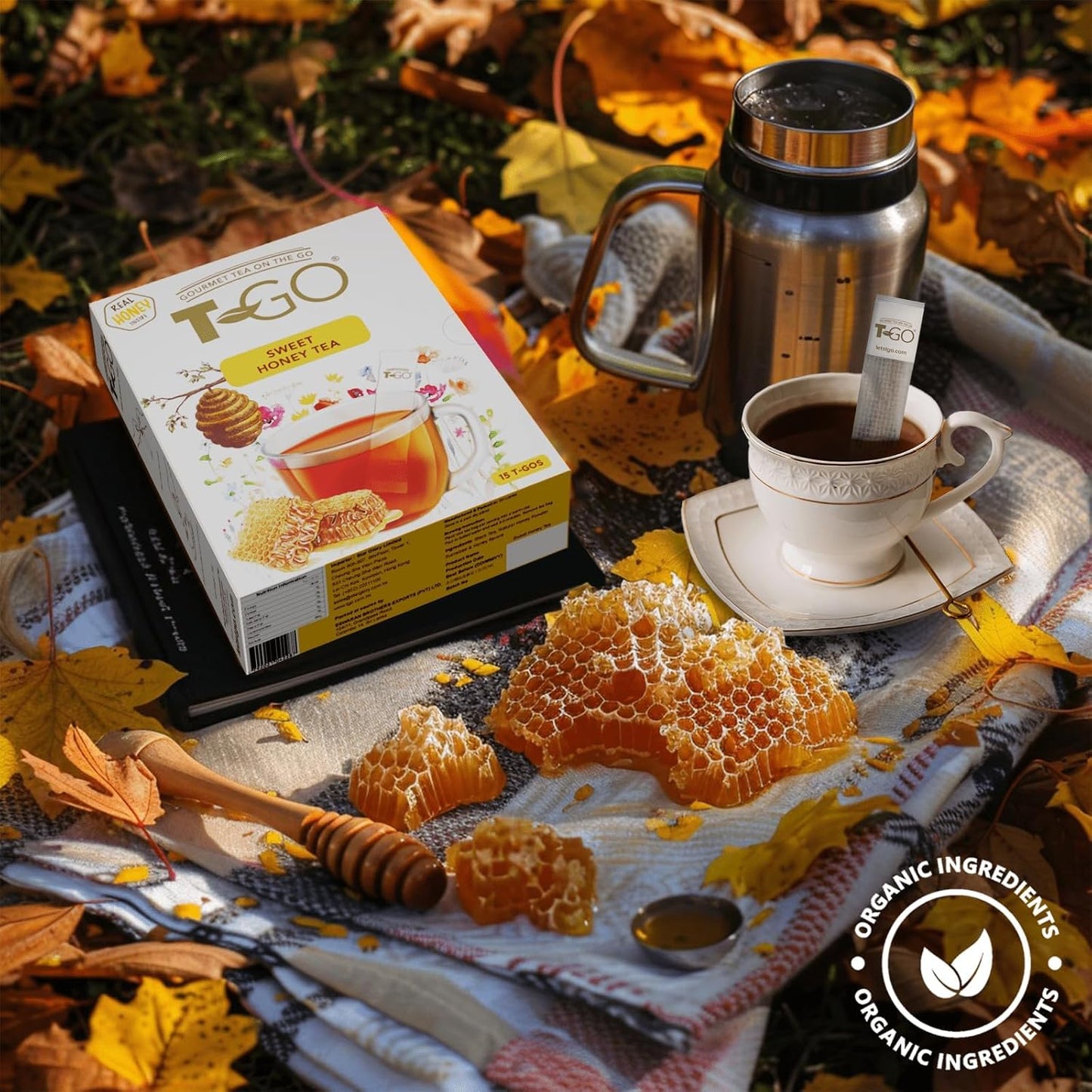 T-GO Sweet Honey Black Tea Bags Convenient Sticks Stirring Spoon Real Honey Tea Packets for Immunity 15 Tea Sticks