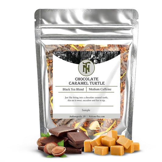 Nelson's Tea Chocolate Caramel Turtle Rooibos Tea, Sample 0.5 oz | Dessert Tea • Caffeine Free • Rooibos • Tea Chocolate • Loose Leaf Tea • Chocolate • Caramel
