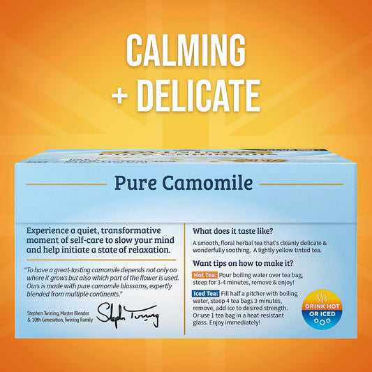 Twinings Pure Camomile Herbal Caffeine-Free Tea Bags, 50 CT Box (6 Pack) | Floral &amp; Delicate For Pure Relaxation, Naturally Caffeine-Free, 300 Foil Lined Individually Wrapped Bags, Enjoy Hot or Iced