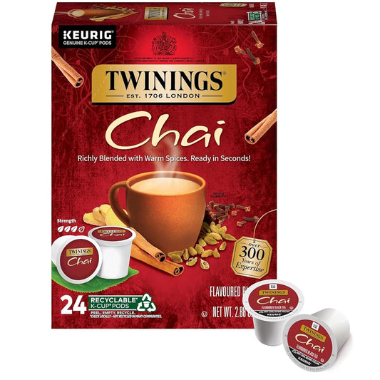 Twinings Chai Black Spiced Tea K-Cup Pods for Keurig, 24 CT Box (1 Pack) | Sweet, Savoury Cinnamon, Ginger, Cardamom, Clove, Naturally Caffeinated, 24 Pods for Single Serve-Brewers, Enjoy Hot or Iced