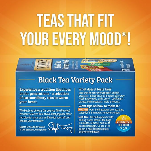 Twinings Variety Pack Black Tea Bags, 20 Count (Pack of 1), Includes English Breakfast, Earl Grey, Irish Breakfast, and Lady Grey, Caffeinated, Enjoy Hot or Iced, 20 Teabags