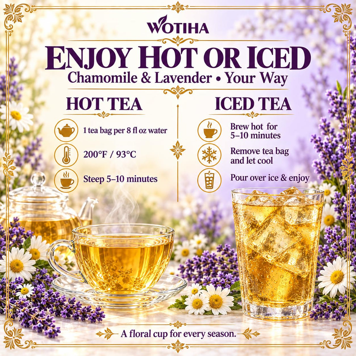 WOTIHA Chamomile Lavender Tea Bags, 60 Count, Caffeine-Free Herbal Tea