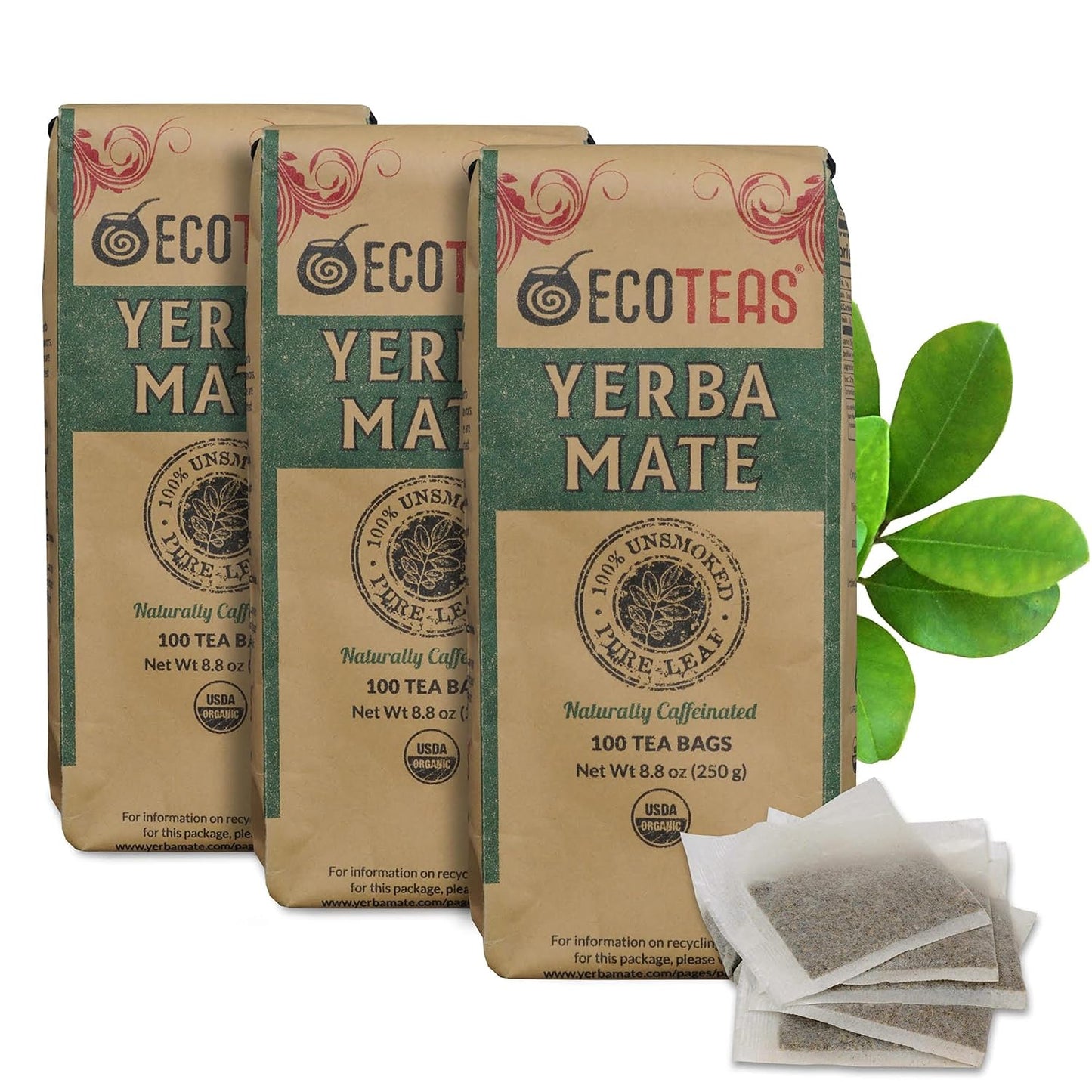 ECOTEAS Organic Yerba Mate Tea Bags Unsmoked 100 Count 8.8 oz Pack of 3 | Organic unsmoked 100 ct pack of 3 300 servings, USDA organic kosher non-GMO, low acid best value 3-pack