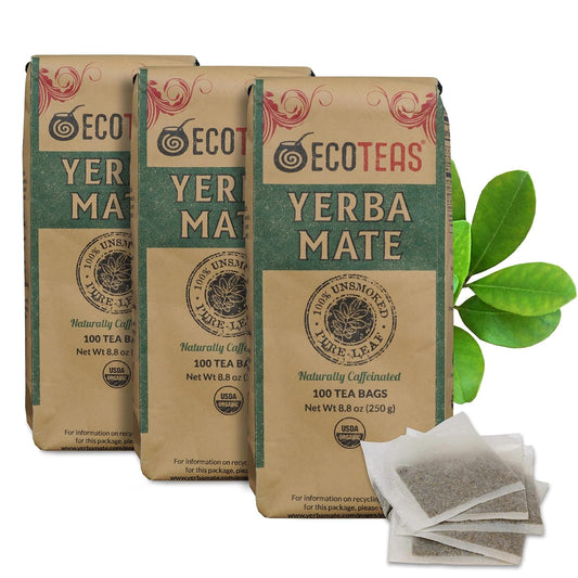 ECOTEAS Organic Yerba Mate Tea Bags Unsmoked 100 Count 8.8 oz Pack of 3 | Organic unsmoked 100 ct pack of 3 300 servings, USDA organic kosher non-GMO, low acid best value 3-pack