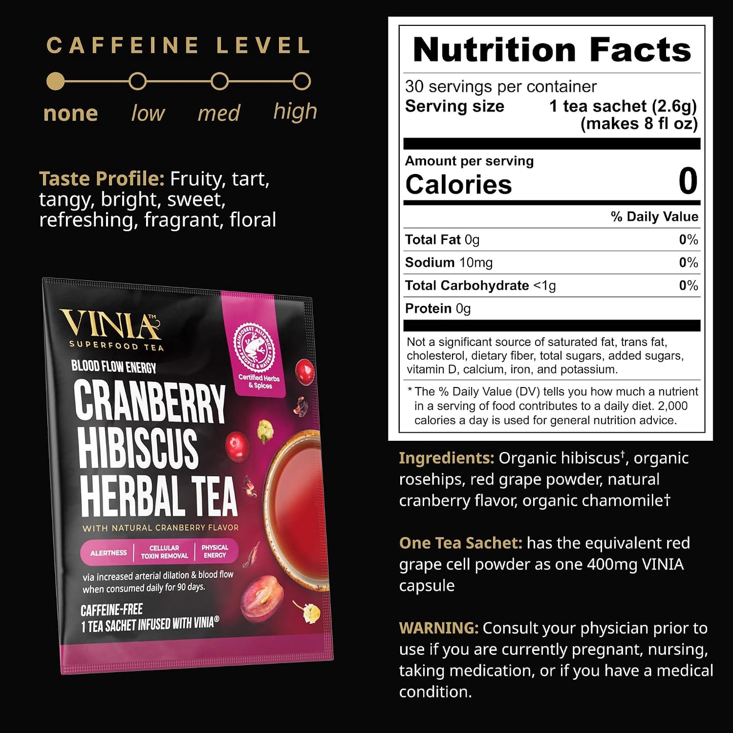 VINIA Blood Flow | Cranberry Hibiscus Herbal Tea, Piceid Resveratrol, 30 Ct