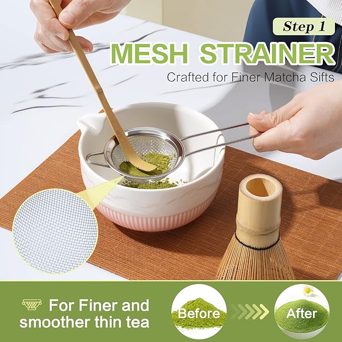 Matcha Whisk Set, 7 Pcs Ceramic Matcha Set, Includes Matcha Bowl, Matcha Whisk, Chasen Holder, Bamboo Scoop, Scoop Rest, Stainless Sifter, Tea Towel