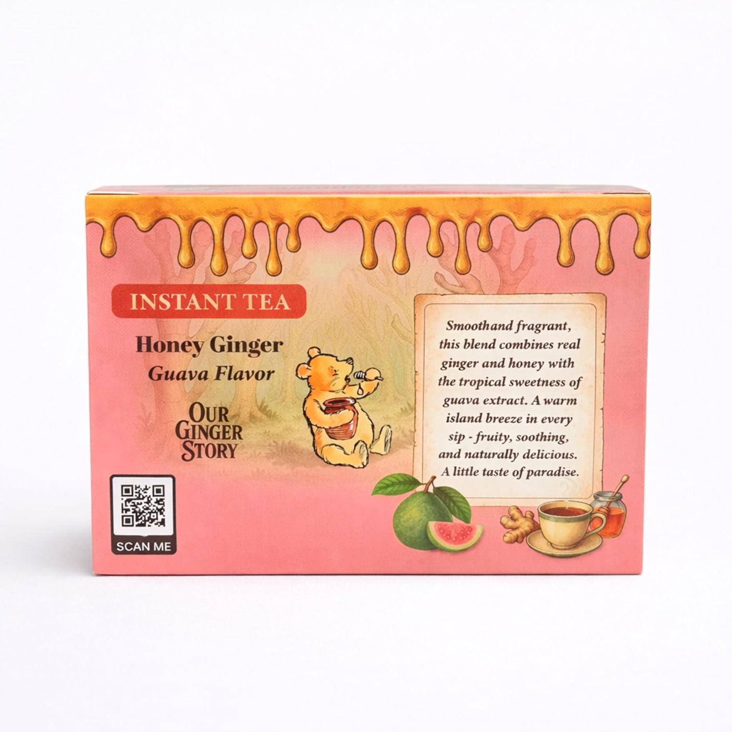 Premium Honey Ginger Instant Tea Crystals Guava Flavor 20 Sachets Real Ginger Real Honey Pure Cane Sugar Caffeine Free Hot Or Cold Single Serve Drink Mix