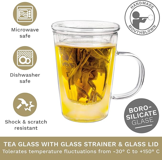 Creano Tea Glass 400 ml – Large Tea Cup with Strainer and Glass Lid – An ideal Tea Maker