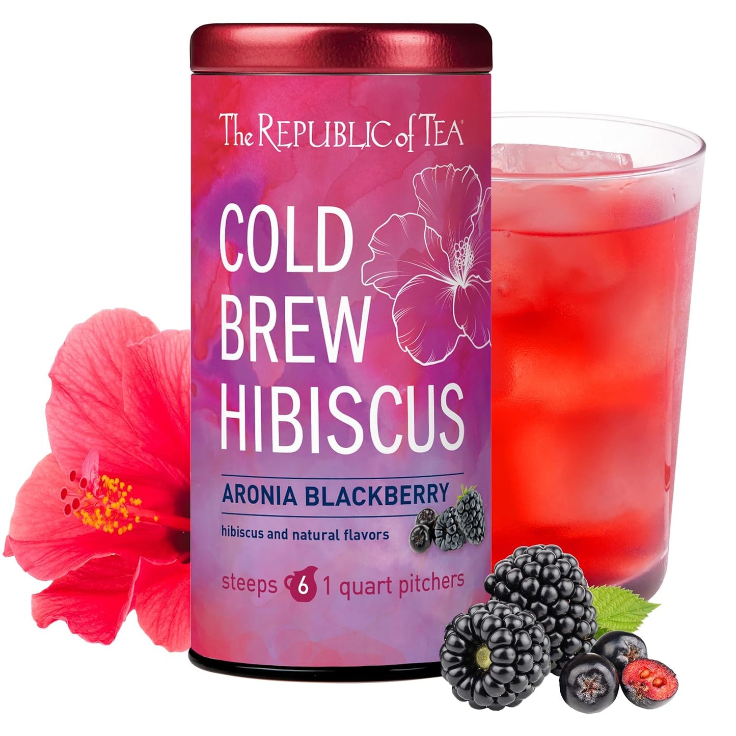 The Republic of Tea Cold Brew Hibiscus Aronia Blackberry Iced Tea, 6 Ct | Herbal Tea, Caffeine Free, Cold Brew Hibiscus with Dark Berry Flavor, Rosehips and Aronia Berry Bits