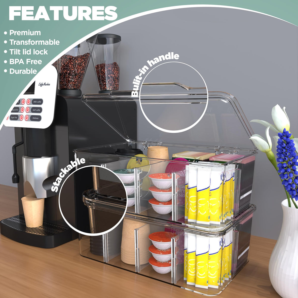 Utopia Home Tea Bag Organizer with Lids, Stackable Tea Box, 3 Pack, Clear