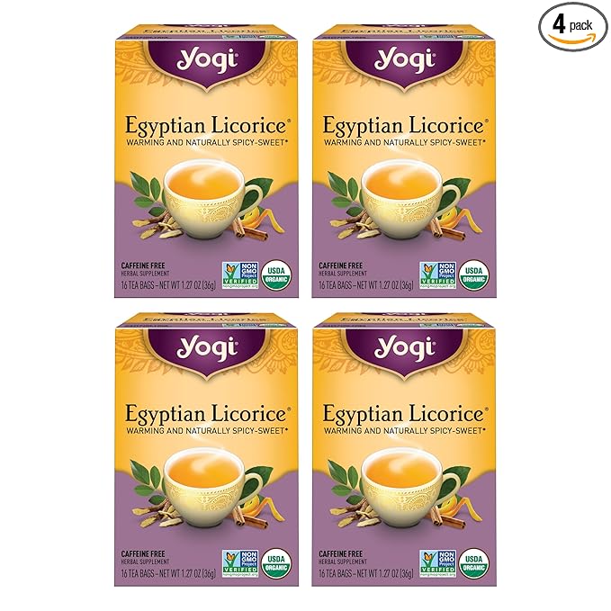 Yogi Tea Egyptian Licorice Tea - 16 Tea Bags per Pack (4 Packs) - Organic Licorice Tea Bags - Includes Licorice Root, Cinnamon Bark, Orange Peel, Ginger Root, Cardamom Pod & More