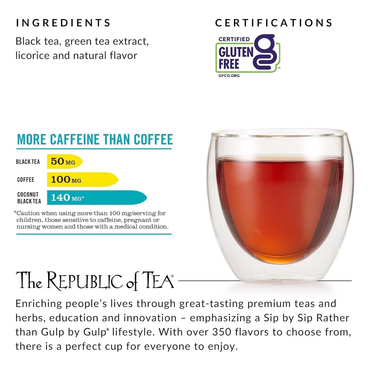 The Republic of Tea HiCAF Toasted Coconut Black Tea, High Caffeine, 50 Ct | A bold cup for morning or afternoon. Brisk and full-bodied with creamy finish and sweet licorice. Gluten Free and Carb Free.