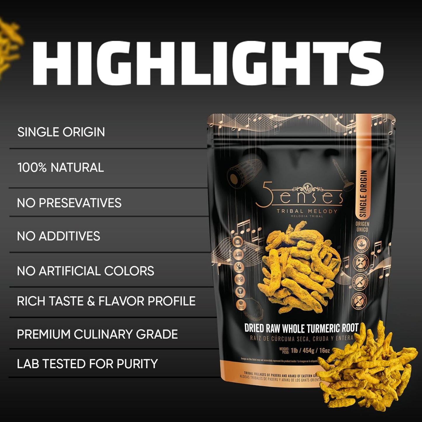 5Senses Dried Whole Turmeric Root, Single Origin, Sun Dried, 100g, 3.5oz | Premium Single Origin Dried Whole Turmeric Root With Rich Aroma And Bold Flavor For Tea, Cooking, Curries And Spice Blends.