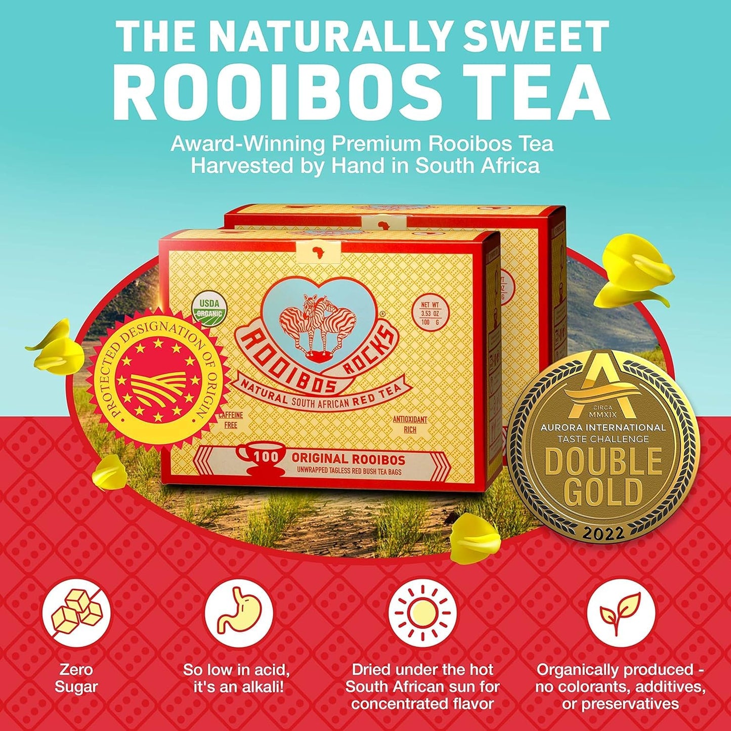 Rooibos Rocks Organic Rooibos Tea Bags - Caffeine-Free, 200 ct | USDA Organic • Microplastic-Free Tagless Pillow Tea Bags • Naturally Mildly Sweet Flavor • Hot or Iced