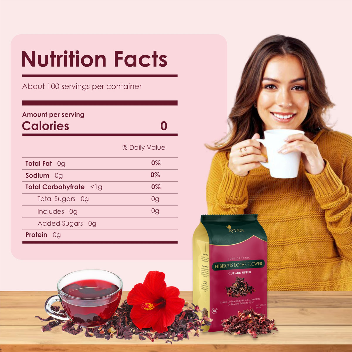 ATTAYA Hibiscus Loose Flowers, Flor de Jamaica, 16oz, Caffeine-Free Sun-Dried Tea