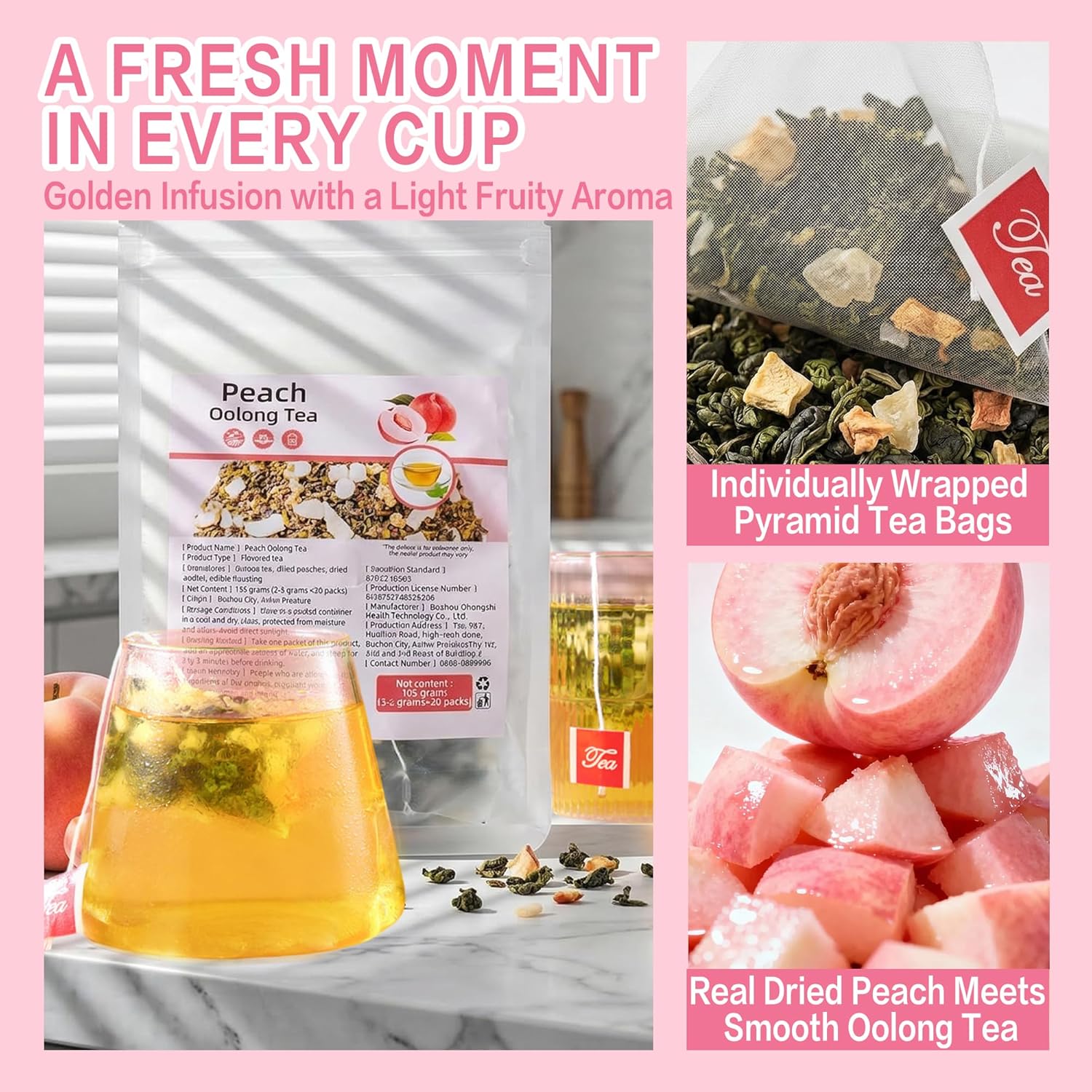 Peach Oolong Tea, Caffeine Alternative for Focus Support, Sweet Fruity Aroma and Smooth Oolong Flavor, Hot or Iced Daily Drink, 3.5g x 30 Bags