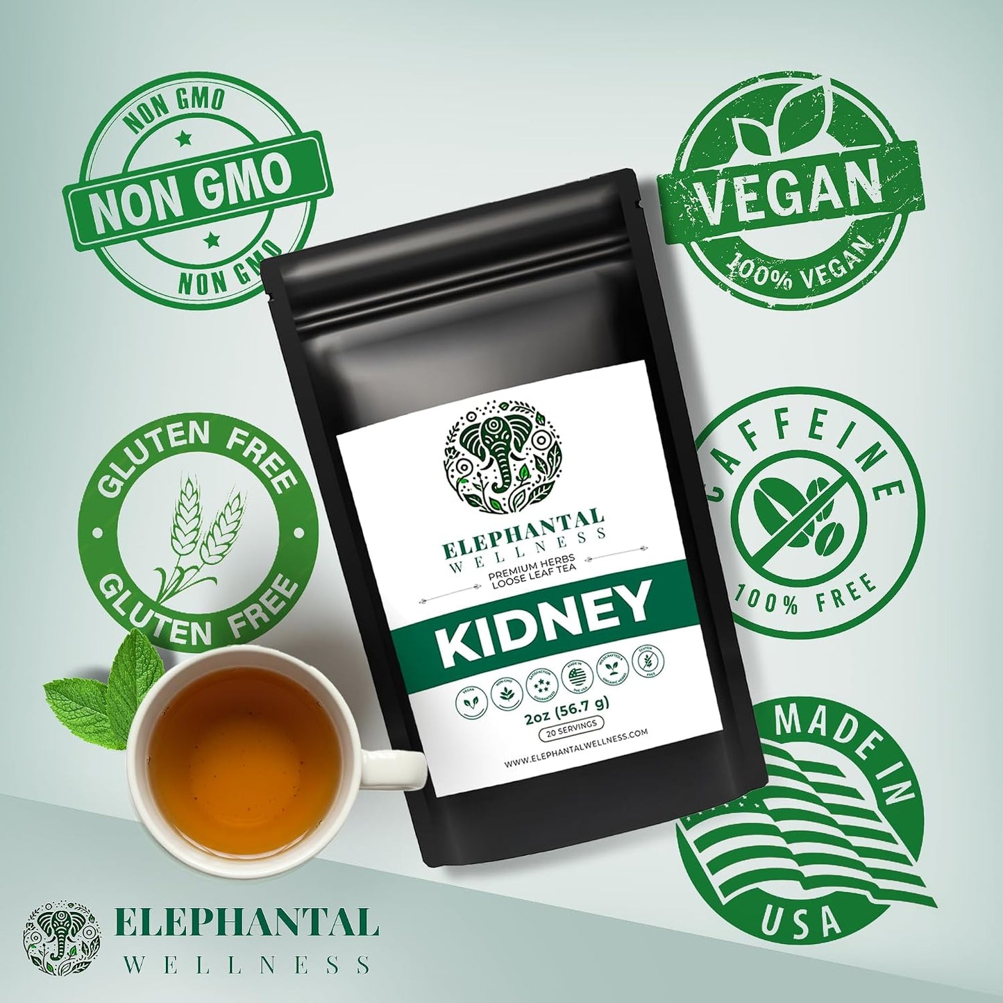 Elephantal Wellness Premium Kidney Herbal Tea | Urinary Tract &amp; Kidney Support with Dandelion, Gravel Root, Goldenrod &amp; Marshmallow | Handmade, Caffeine-Free, Non-GMO Loose Leaf Blend, 2oz, 20 Servings