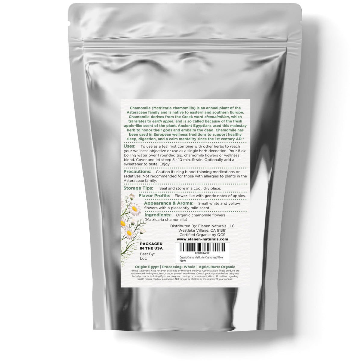 Elanen Naturals Organic Chamomile Flowers 4 oz. (113g), USDA Certified Organic Camomile Manzanilla Tea Loose Leaf, German