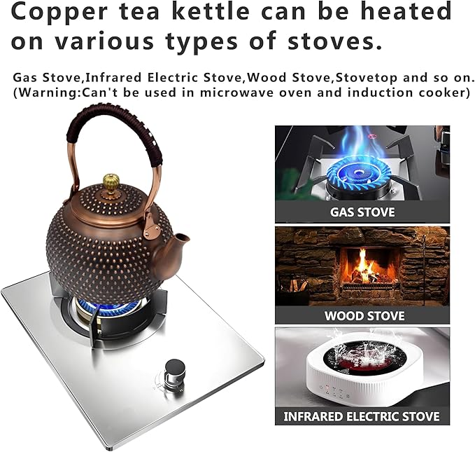 YJX 47.3oz Elegant Japanese Style Copper Tea Kettle For Stovetop Safe, Non-Coating Pure Copper Teapot with Stainless Steel Tea Ball For Loose Tea
