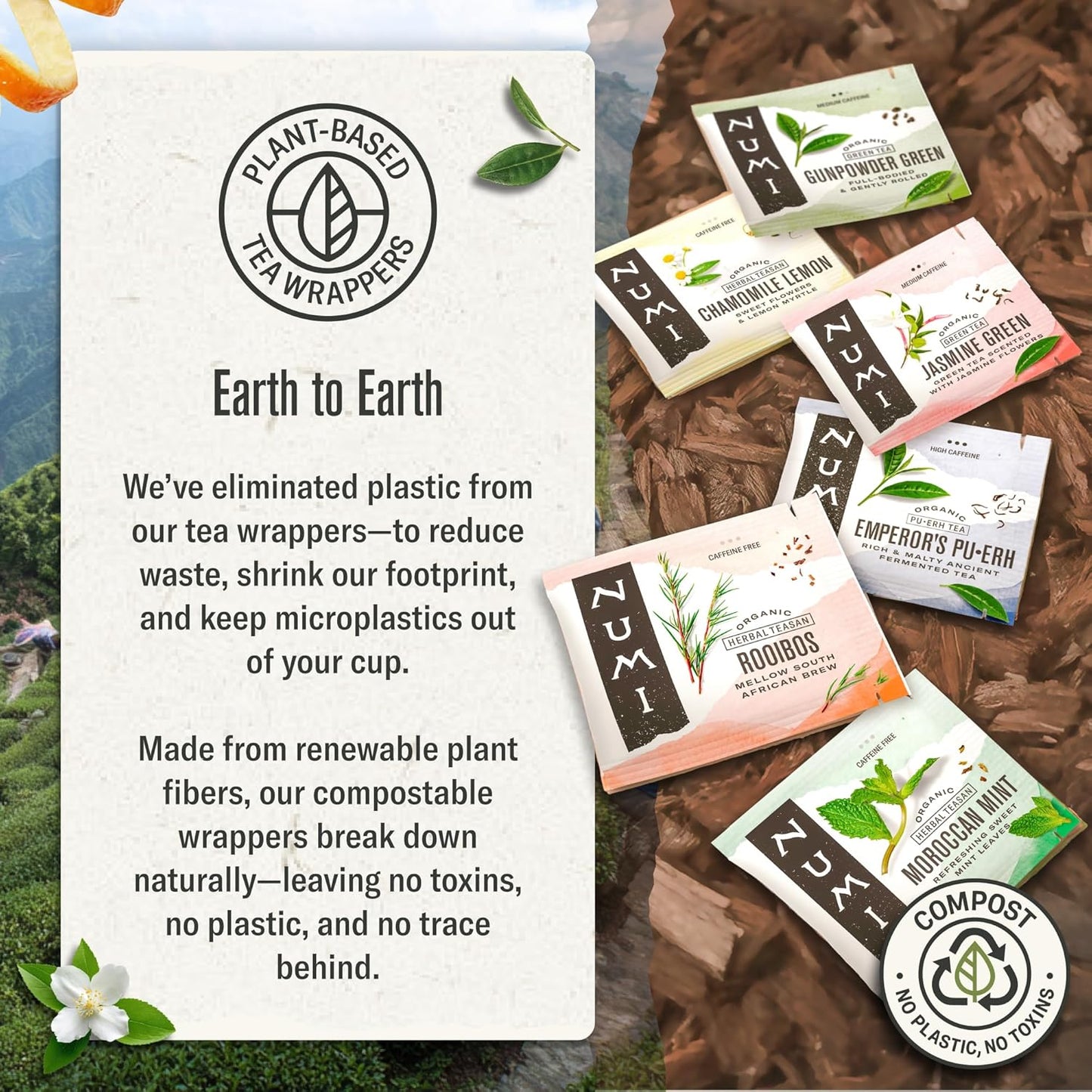 Numi Organic Rooibos Chai Tea, Microplastic Free, Rich Flavor with Cinnamon, Allspice &amp; Ginger, Caffeine Free, 18 Count (Pack of 2)