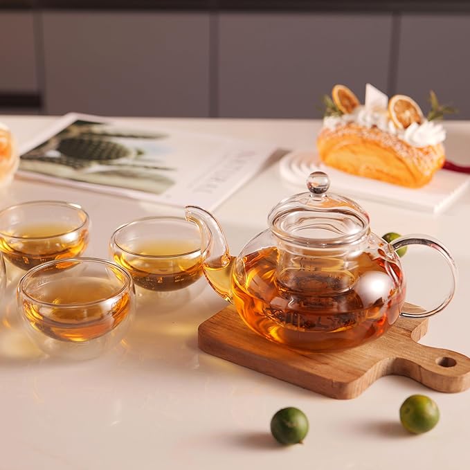 Cnglass Glass Teapot Set,20oz Clear Tea Pot with 4 Double Wall Teacups,Stovetop Safe Tea Kettle,Blooming Loose Leaf Tea Maker Gift