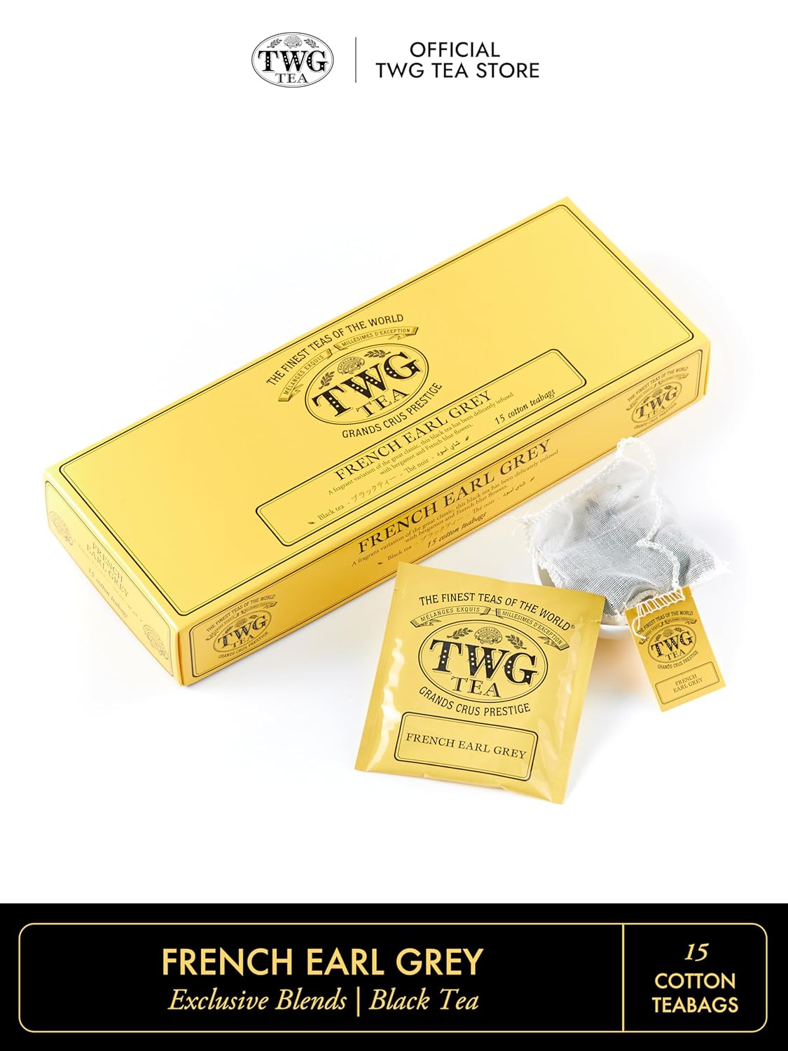 TWG Tea | French Earl Grey | Black Tea | Citrus Fruits & Blue Cornflowers | 15 Hand Sewn Cotton Tea Bags | Gift Set