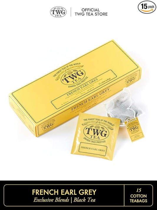 TWG Tea | French Earl Grey | Black Tea | Citrus Fruits & Blue Cornflowers | 15 Hand Sewn Cotton Tea Bags | Gift Set