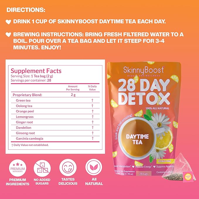 SkinnyBoost 28 Day Daytime Tea - Citrus Mint (28 Tea Bags) All Natural, Non GMO, Vegan, Keto Friendly