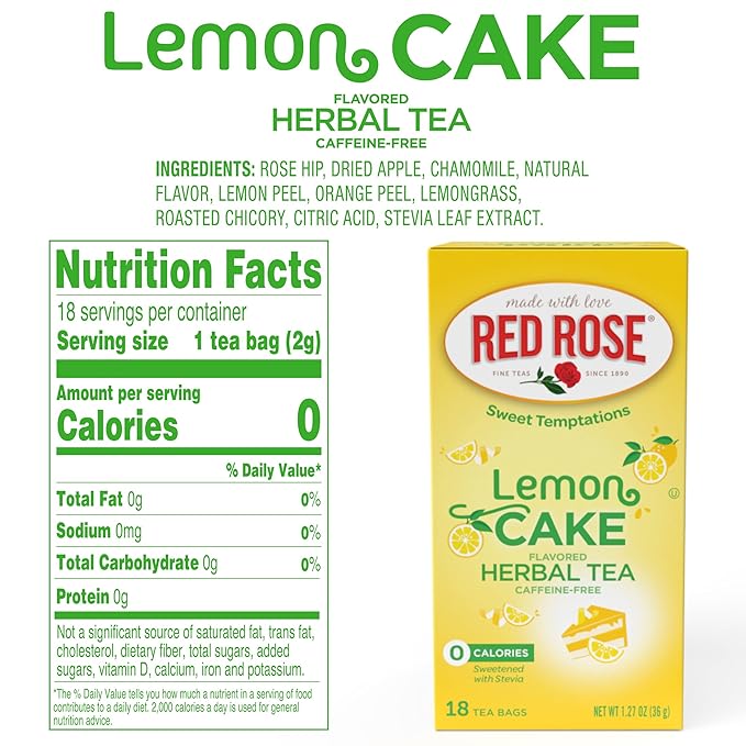 Red Rose Sweet Temptations Dessert Tea Lemon Cake, Zero Carbs, Zero Sugar Bursting with Flavor Caffeine-Free Delicious Beverage Herbal Tea