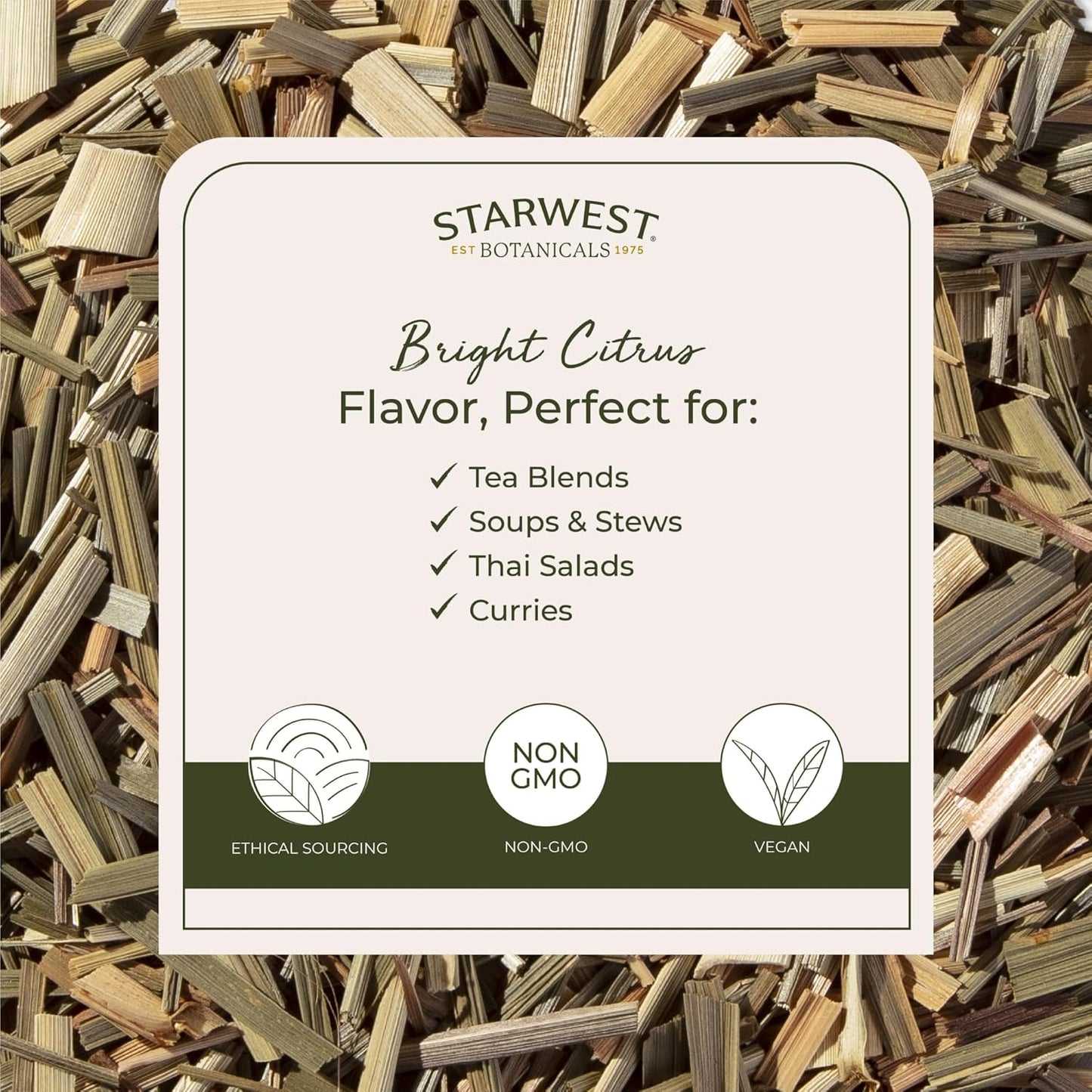 Starwest Botanicals Organic Lemongrass - Dried Loose Leaf Herb for Tea & Cooking, Natural Rose & Citrus Aroma, Certified Kosher, Cut & Sifted, Non-GMO - Bulk 1 lb Bag