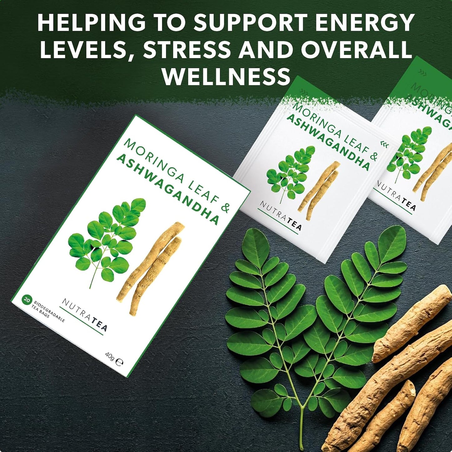 Nutra Tea - Moringa Leaf &amp; Ashwagandha – Moringa Tea Bags, Ashwagandha Tea Bags - For Mood Support and Stress Relief - 40 Individually Wrapped Bags - Herbal Infusion (2 Pack)