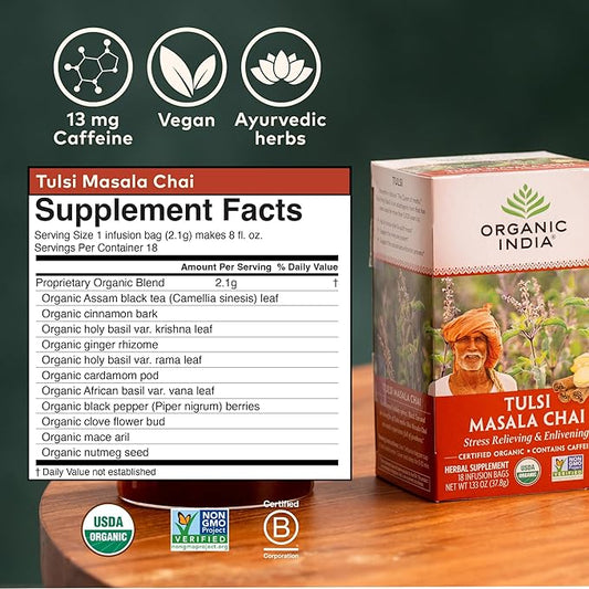 Organic India Tulsi Masala Chai Tea Bags - Holy Basil, Black Tea, Spices with Ginger, Stress Relieving, Immune Support, USDA Certified Organic, Antioxidant, Caffeinated - 18 Infusion Bags, 6 Pack