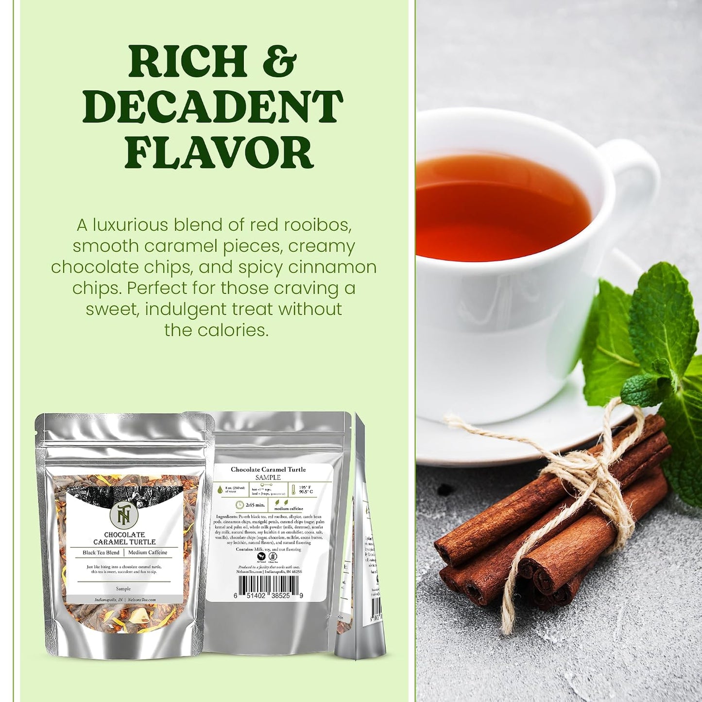 Nelson's Tea Chocolate Caramel Turtle Rooibos Tea, Sample 0.5 oz | Dessert Tea • Caffeine Free • Rooibos • Tea Chocolate • Loose Leaf Tea • Chocolate • Caramel