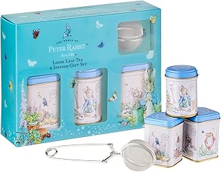 New English Teas Loose Leaf Tea & Infuser Gift Set – 3 Peter Rabbit Tins with Breakfast, Earl Grey & Afternoon Blends with Loose Tea Infuser