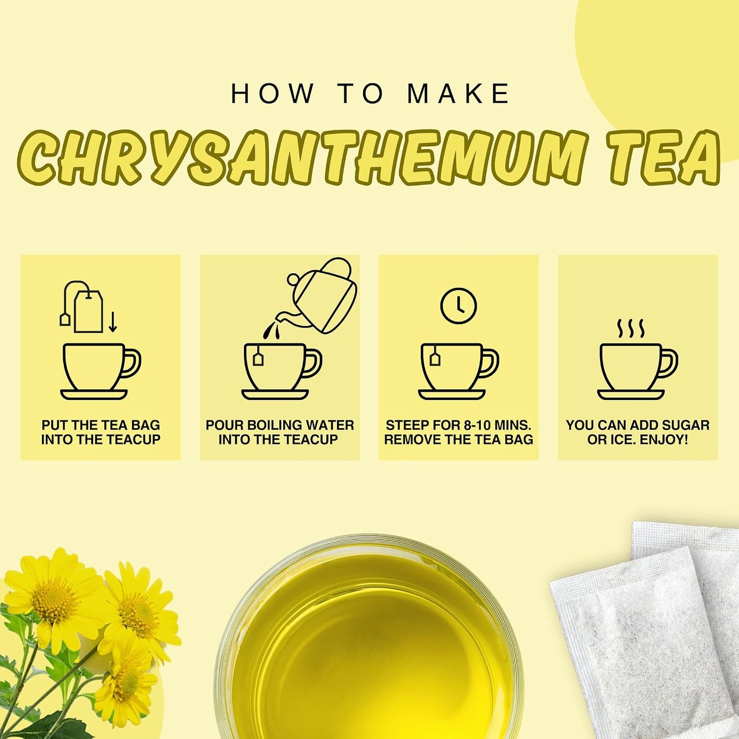 KHWAN'S TEA Organic Chrysanthemum Tea Bags, Caffeine-Free, 100 Count | Organic chrysanthemum tea bags, dried chrysanthemum flower tea, Thai sun-dried whole flowers, USDA Organic, caffeine-free