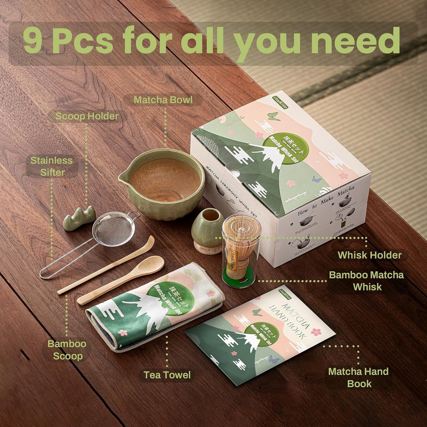 Clay&amp;Fire Matcha Whisk Set, 9 Pcs Ceramic Matcha Set(YB-Green) | Matcha Bowl with Spout and Whisk, Matcha Tea Kit for Matcha Lovers, Ideal Gift for Friend