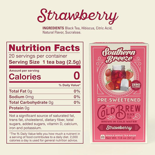 Southern Breeze Strawberry Iced Tea, Cold Brew Tea Bags, 20 Count (Pack of 2), Sugar Free, Zero Carbs, Zero Sugar, Black Tea, Southern Sweet Tea