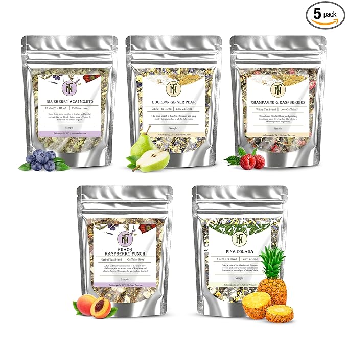 Nelson's Tea Cocktail Inspired Sampler Pack - 5 Flavors Variety Pack - Blueberry Acai Mojito, Bourbon Ginger Pear, Champagne & Raspberries