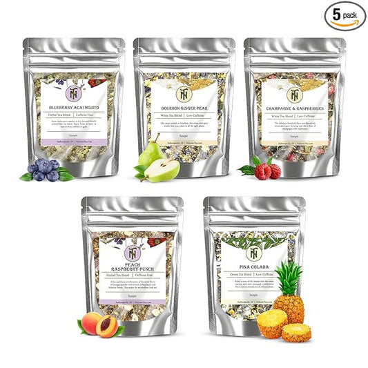 Nelson's Tea Cocktail Inspired Sampler Pack - 5 Flavors Variety Pack - Blueberry Acai Mojito, Bourbon Ginger Pear, Champagne & Raspberries