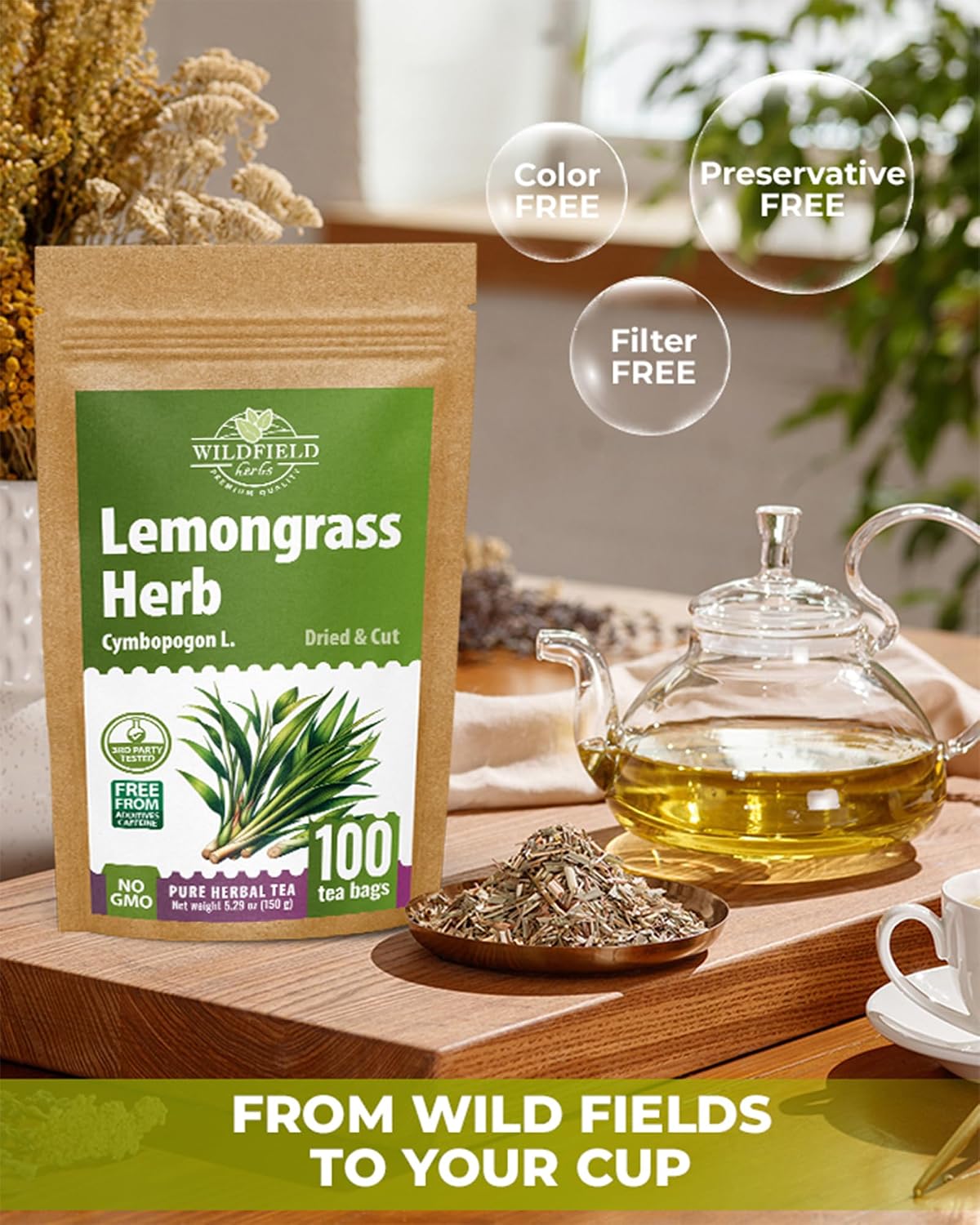 100 Bags Dried Lemongrass Tea Lemon Grass Leaf Herbal Tea Zacate De Limon (Cymbopogon) - 100 Count 1.5g Bags Lemongrass Chai Herb Limoncillo (Hierba Limon)